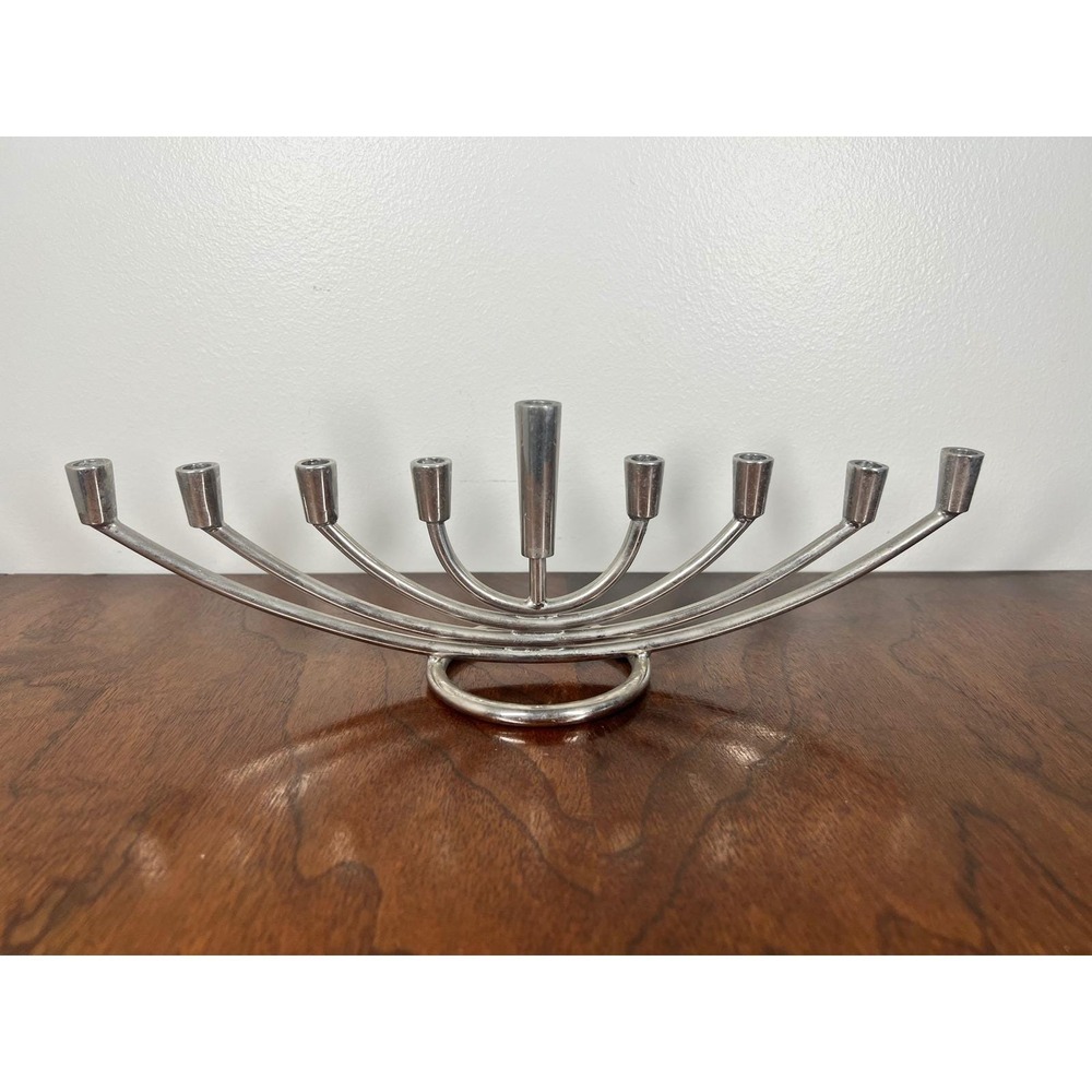3.5" Tall Menorah Metal Modernist Silver Hanukkah Candelabra Minimalist Decor